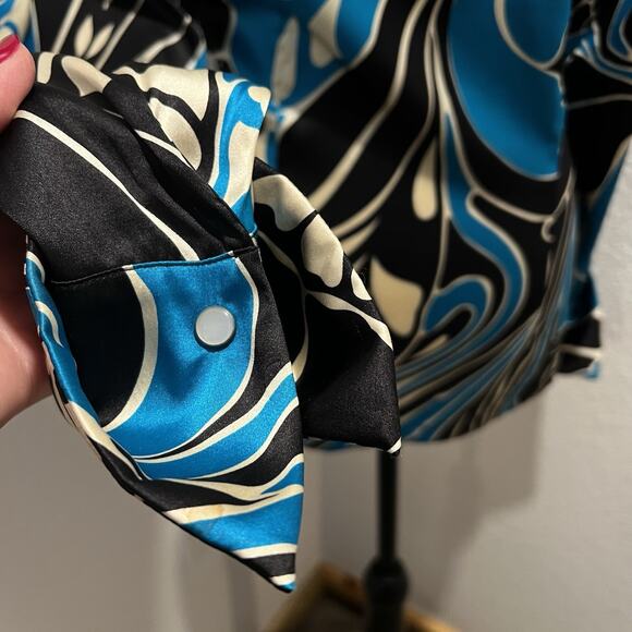 Vtg 90s Y2k Cache Silk Blend Blue Black Artsy Long Sleeve Blouse Cross Front L - Picture 5 of 10